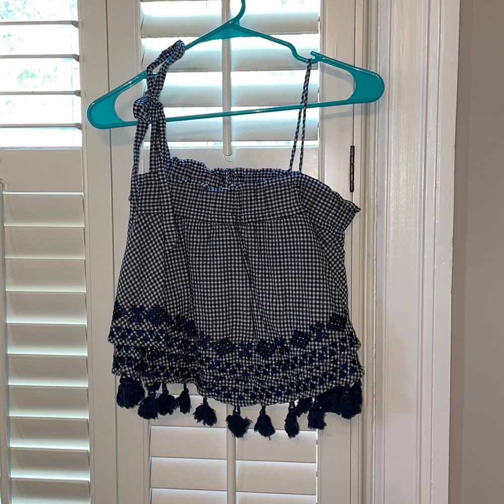 Free People navy and white embroidered blouse